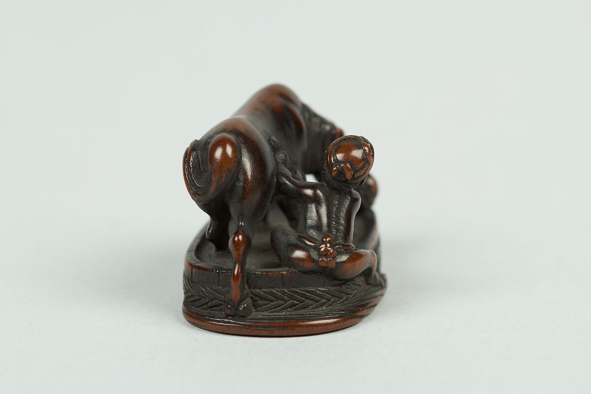 Netsuke of Boy Washing a Horse, Wood, Japan