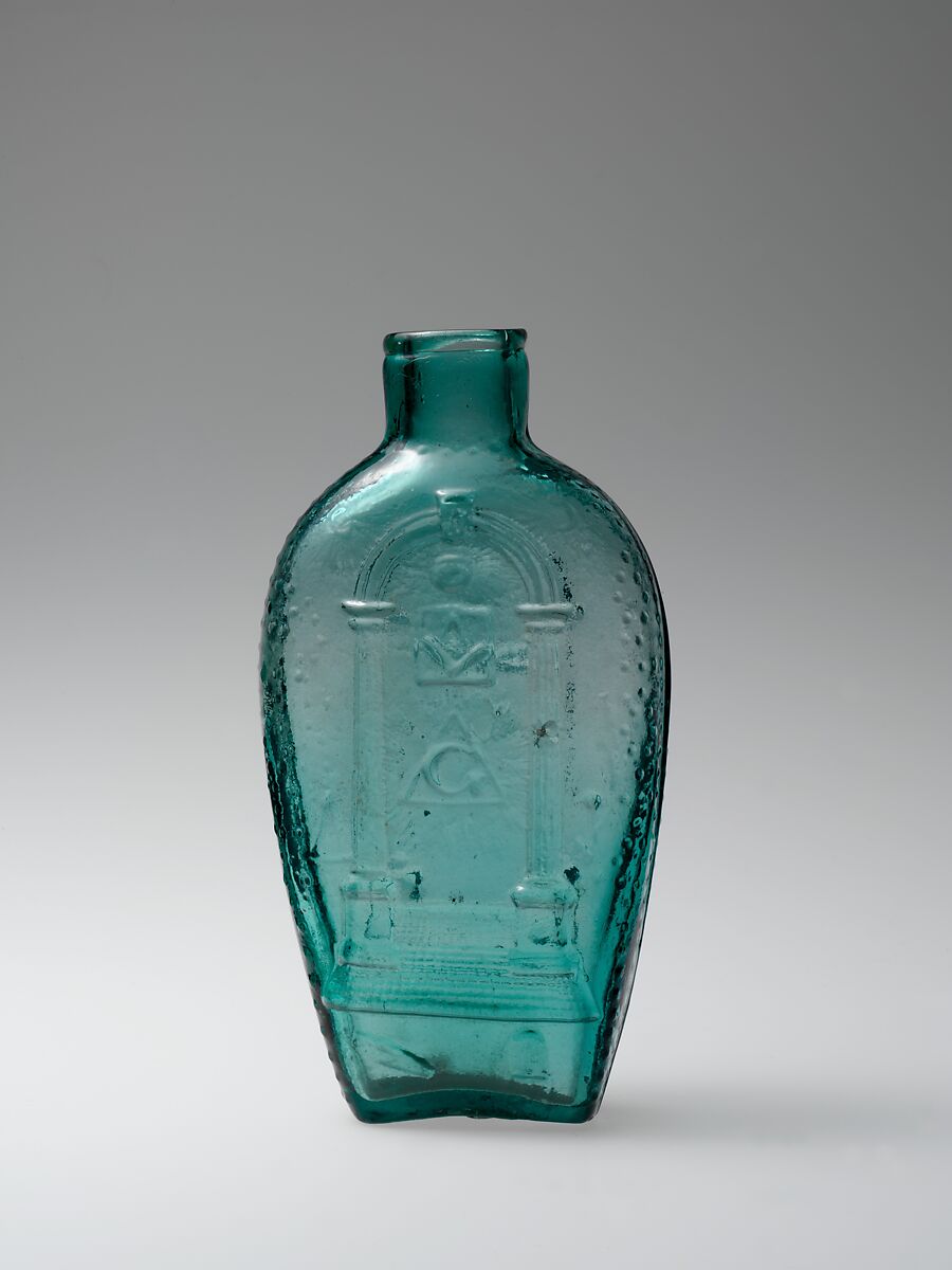 Figured flask, Blown-molded glass, American