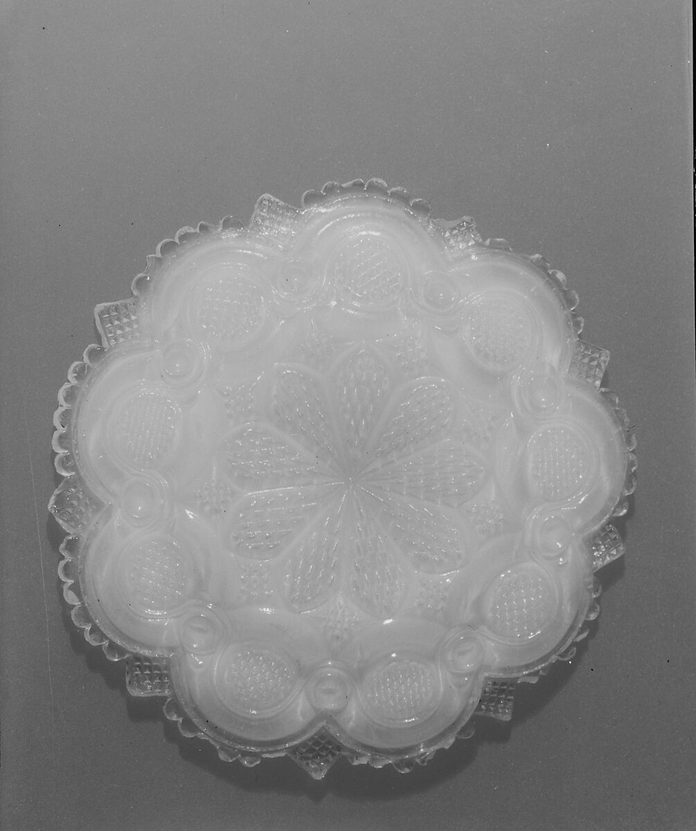 Plate, Lacy pressed opalescent glass, American 