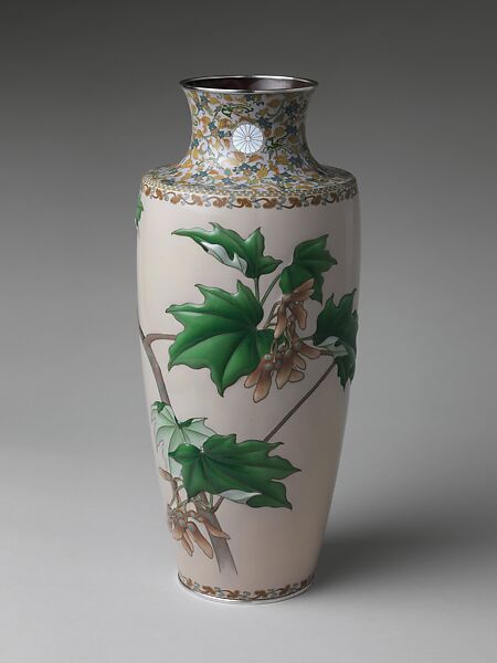 Imperial Presentation Vase with Maple Branches and Imperial Chrysanthemum Crest (one of a pair), Kawade Shibatarō (Japanese, 1861–1921), Standard and repoussé cloisonné enamel; silver wires and rims; signed: combined marks of Andō Cloisonné Company and Kawade Shibatarō, Japan 