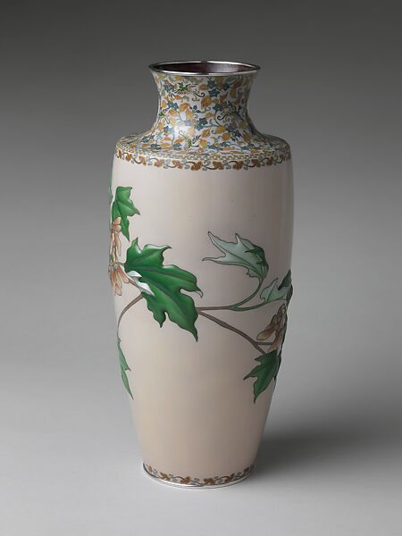 Imperial Presentation Vase with Maple Branches and Imperial Chrysanthemum Crest (one of a pair), Kawade Shibatarō (Japanese, 1861–1921), Standard and repoussé cloisonné enamel; silver wires and rims; signed: combined marks of Andō Cloisonné Company and Kawade Shibatarō, Japan