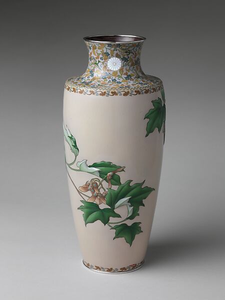 Imperial Presentation Vase with Maple Branches and Imperial Chrysanthemum Crest (one of a pair), Kawade Shibatarō (Japanese, 1861–1921), Standard and repoussé cloisonné enamel; silver wires and rims; signed: combined marks of Andō Cloisonné Company and Kawade Shibatarō, Japan