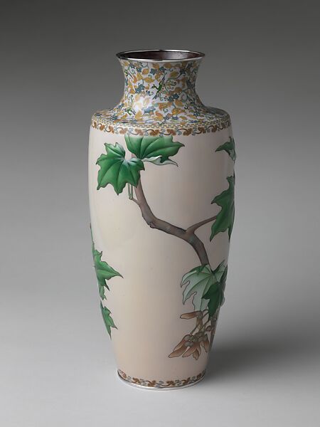 Imperial Presentation Vase with Maple Branches and Imperial Chrysanthemum Crest (one of a pair), Kawade Shibatarō (Japanese, 1861–1921), Standard and repoussé cloisonné enamel; silver wires and rims; signed: combined marks of Andō Cloisonné Company and Kawade Shibatarō, Japan