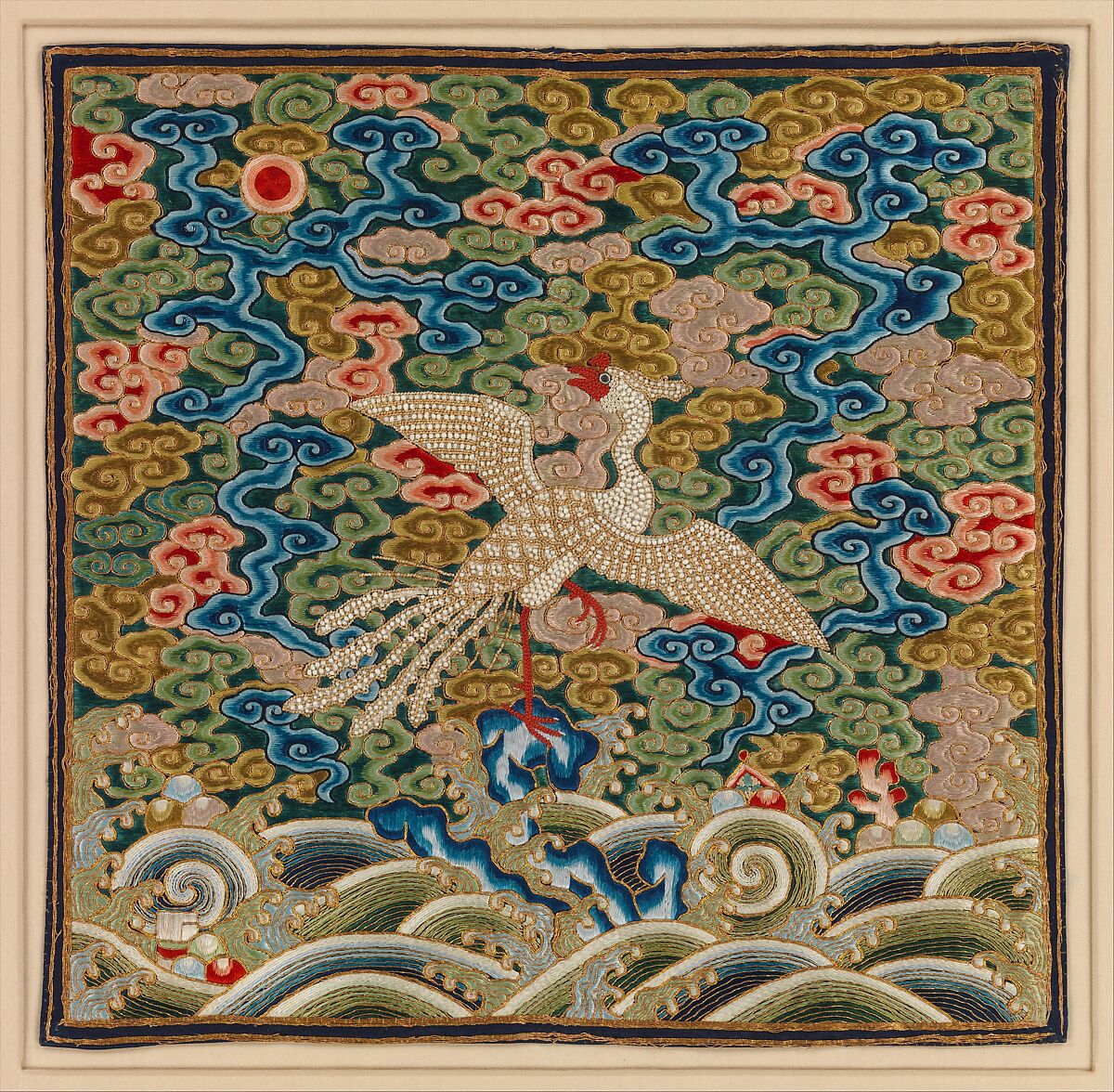 Rank Badge with Silver Pheasant, Silk, pearls, and metallic thread embroidery on silk satin, China 