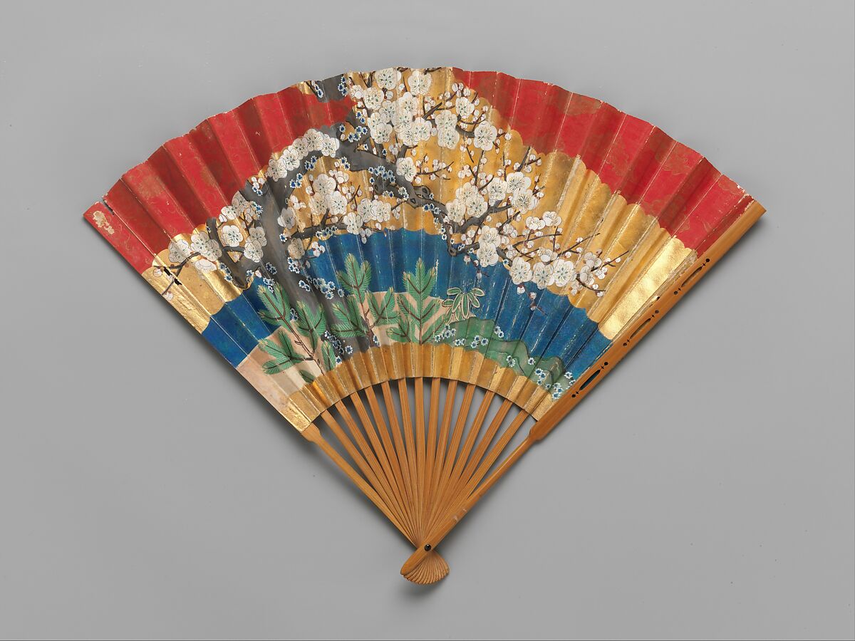Chūkei Fan with Queen Mother of the West and King Mu of Zhou (obverse) and Plum Tree and Young Pines (reverse), Folding fan (chūkei); ink, color, gold, and gold leaf on paper; bamboo ribs and lacquer, Japan