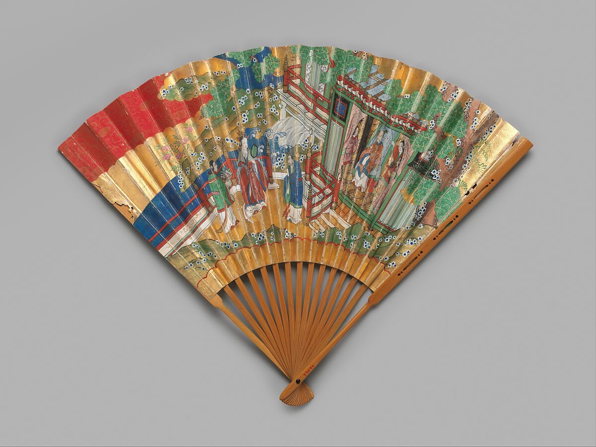 Chūkei Fan with Queen Mother of the West and King Mu of Zhou (obverse) and Plum Tree and Young Pines (reverse), Folding fan (chūkei); ink, color, gold, and gold leaf on paper; bamboo ribs and lacquer, Japan