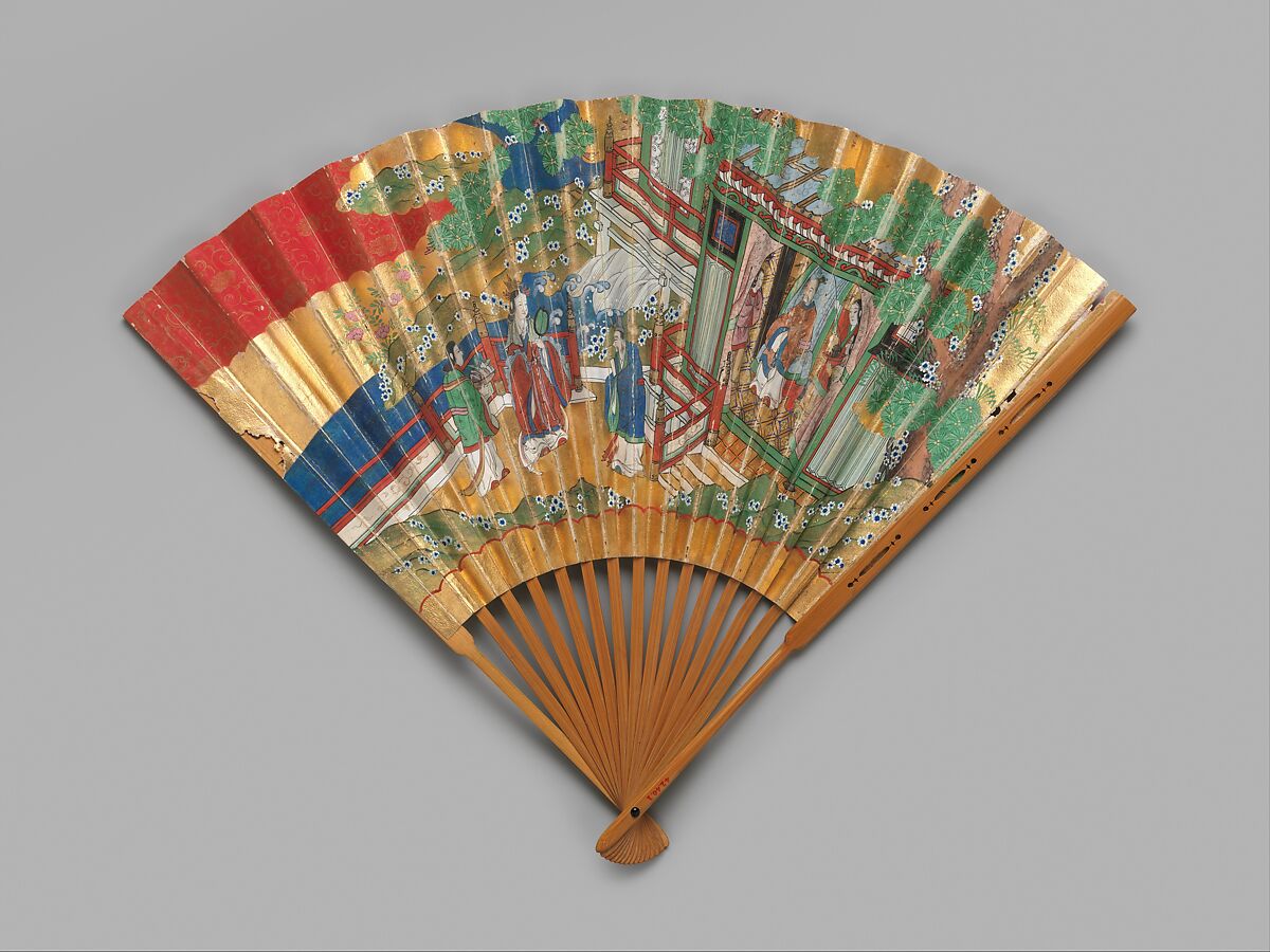 Chūkei Fan with Queen Mother of the West and King Mu of Zhou (obverse) and Plum Tree and Young Pines (reverse), Folding fan (chūkei); ink, color, gold, and gold leaf on paper; bamboo ribs and lacquer, Japan 