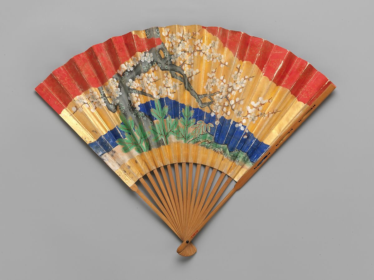 Chūkei Fan with Queen Mother of the West and King Mu of Zhou (obverse) and Plum Tree and Young Pines (reverse), Folding fan (chūkei); ink, color, gold paint, and gold leaf on paper; bamboo ribs and lacquer, Japan