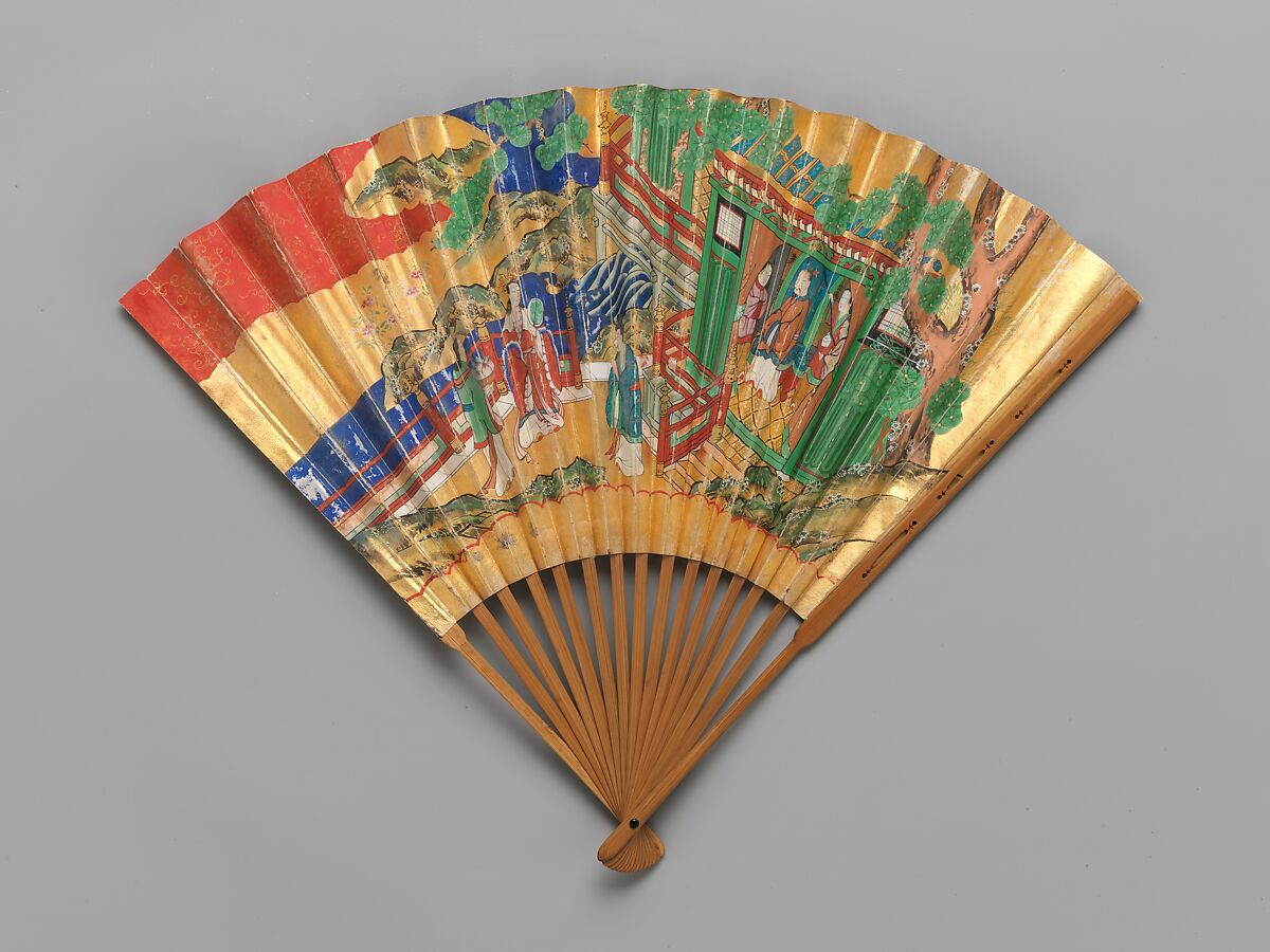 Chūkei Fan with Queen Mother of the West and King Mu of Zhou (obverse) and Plum Tree and Young Pines (reverse), Folding fan (chūkei); ink, color, gold paint, and gold leaf on paper; bamboo ribs and lacquer, Japan 