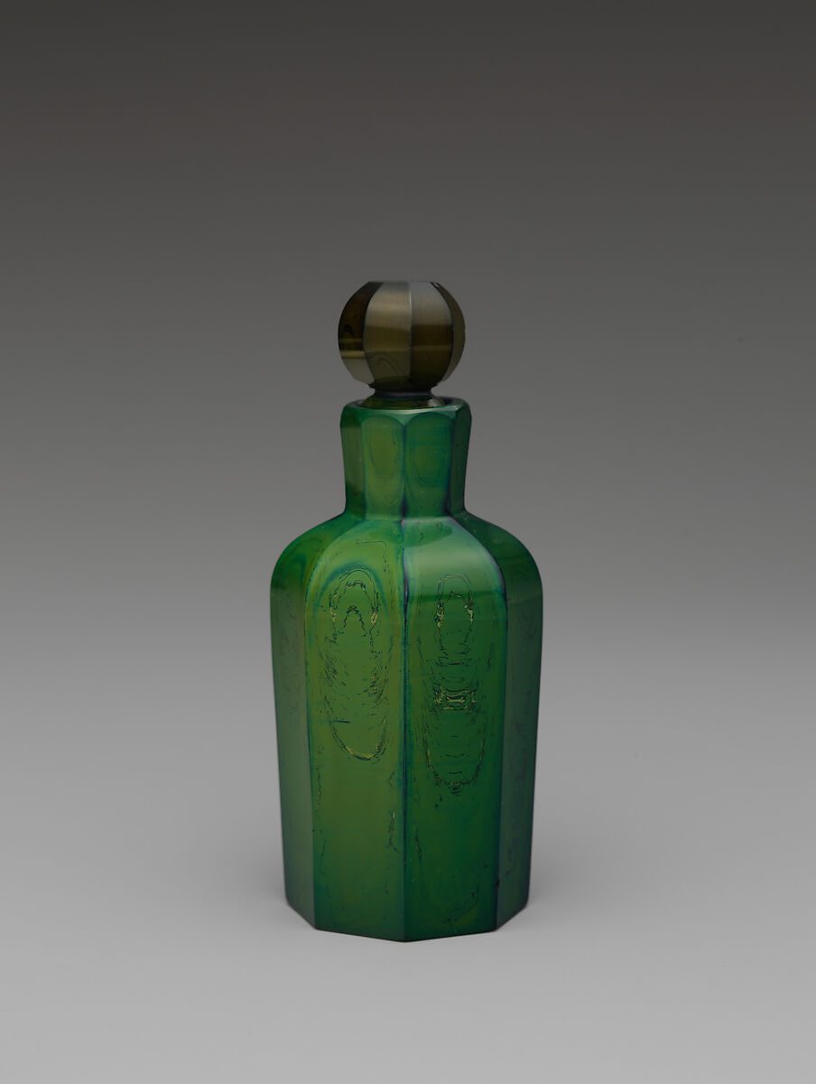 Fluted Bottle with Stopper, Opaque swirled green glass, China