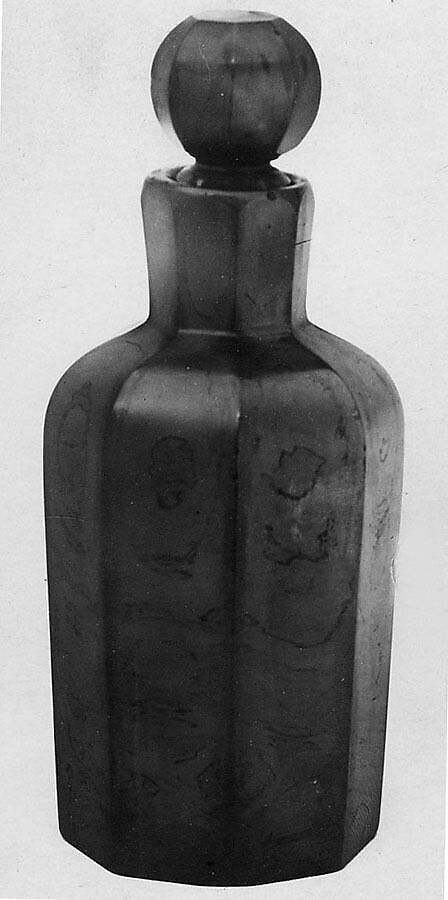 Fluted Bottle with Stopper, Opaque swirled green glass, China