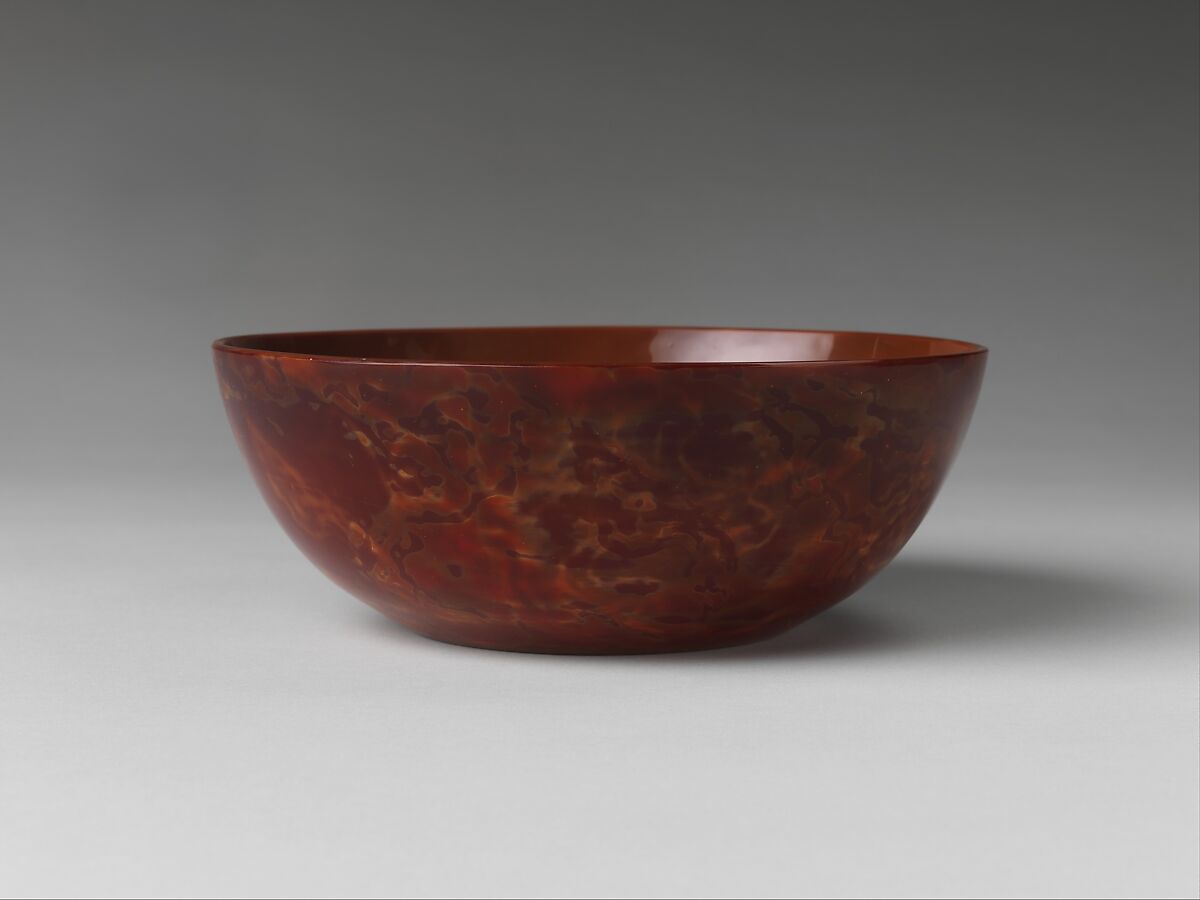 Bowl imitating realgar, Opaque mottled red and yellow glass, China