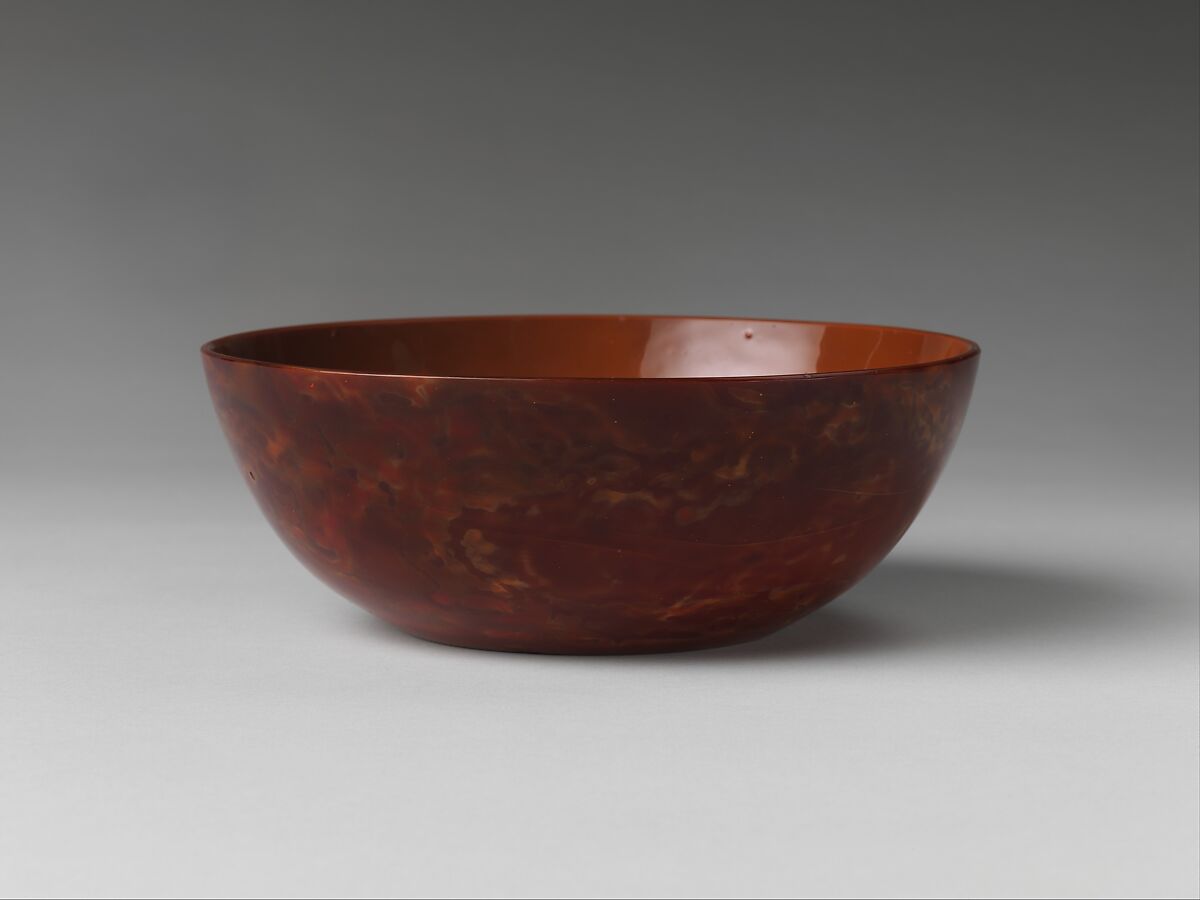 Bowl imitating realgar, Opaque mottled red and yellow glass, China
