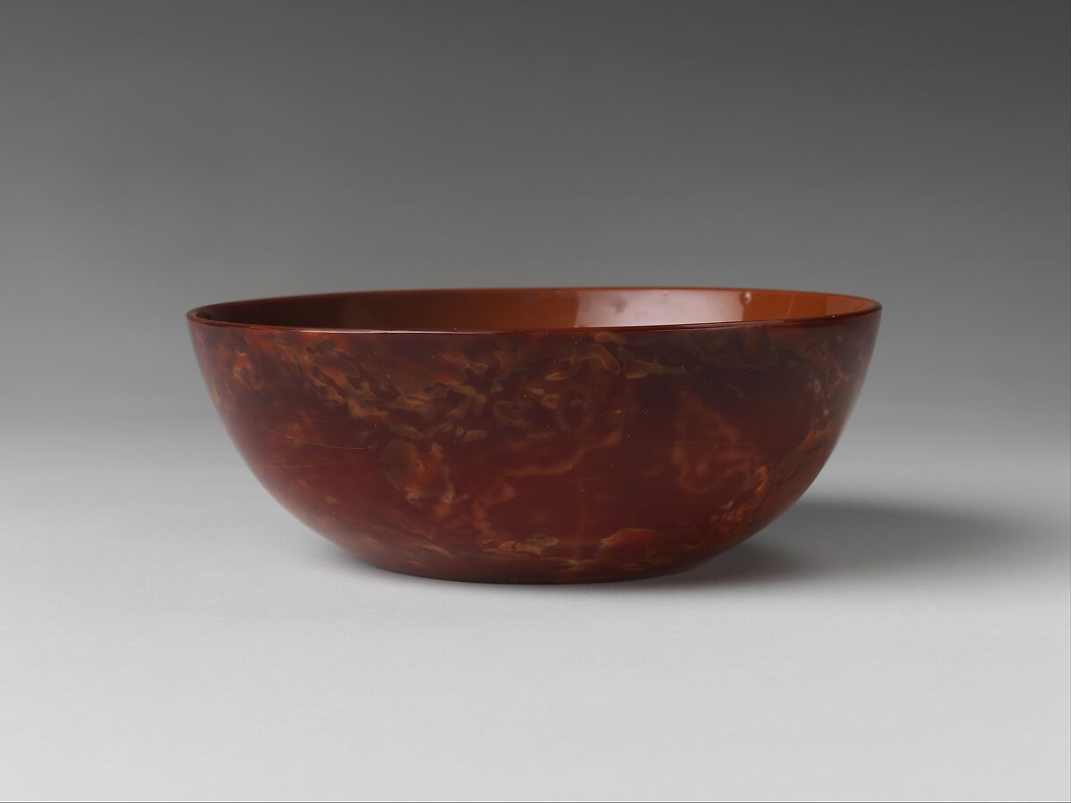 Bowl imitating realgar, Opaque mottled red and yellow glass, China
