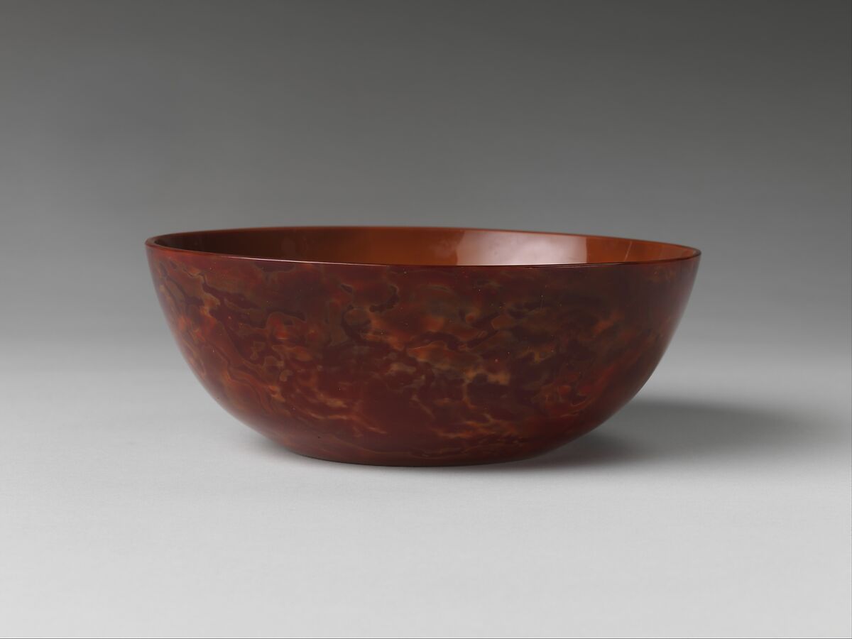 Bowl imitating realgar, Opaque mottled red and yellow glass, China 