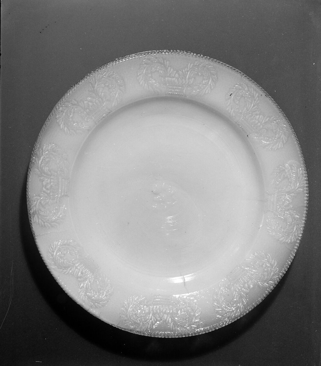 Plate, Lacy pressed opalescent and opaque white glass 