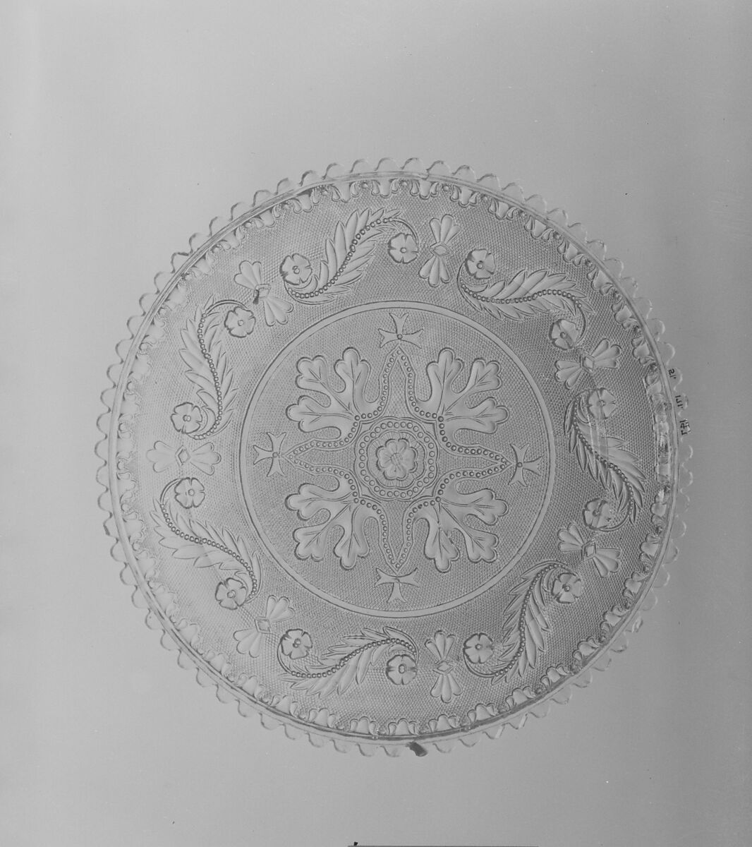 Plate, Lacy pressed glass, American 