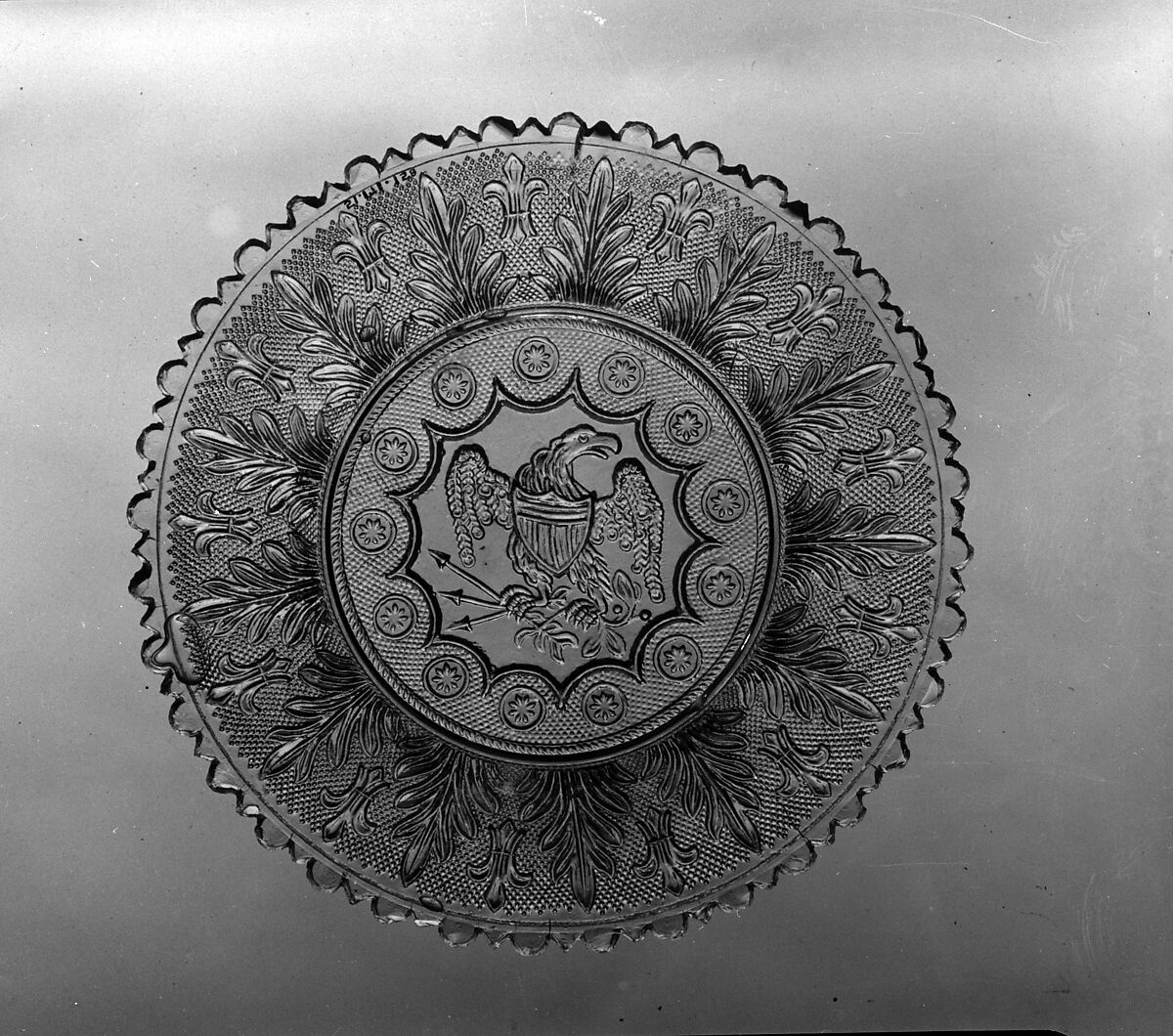 Plate, Lacy pressed glass, American 