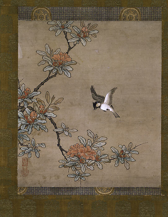 Titmouse with Pomegranate Flowers, Kano Yukinobu 狩野之信 (Japanese, ca. 1513–1575), Hanging scroll; ink and color on paper, Japan 