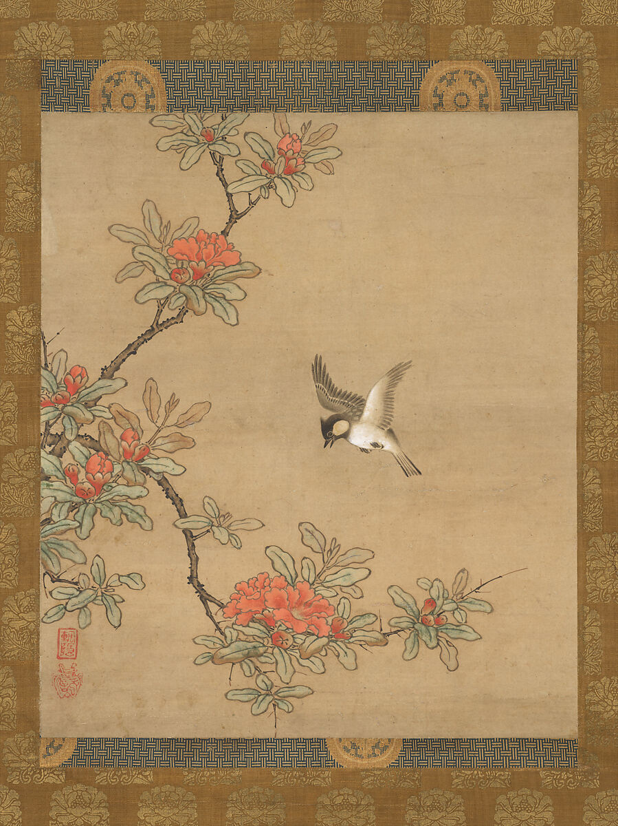 Titmouse with Pomegranate Flowers, Kano Yukinobu 狩野之信 (Japanese, ca. 1513–1575), Hanging scroll; ink and color on paper, Japan 