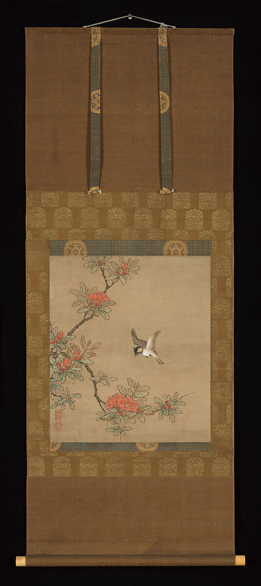 Titmouse with Pomegranate Flowers, Kano Yukinobu 狩野之信 (Japanese, ca. 1513–1575), Hanging scroll; ink and color on paper, Japan
