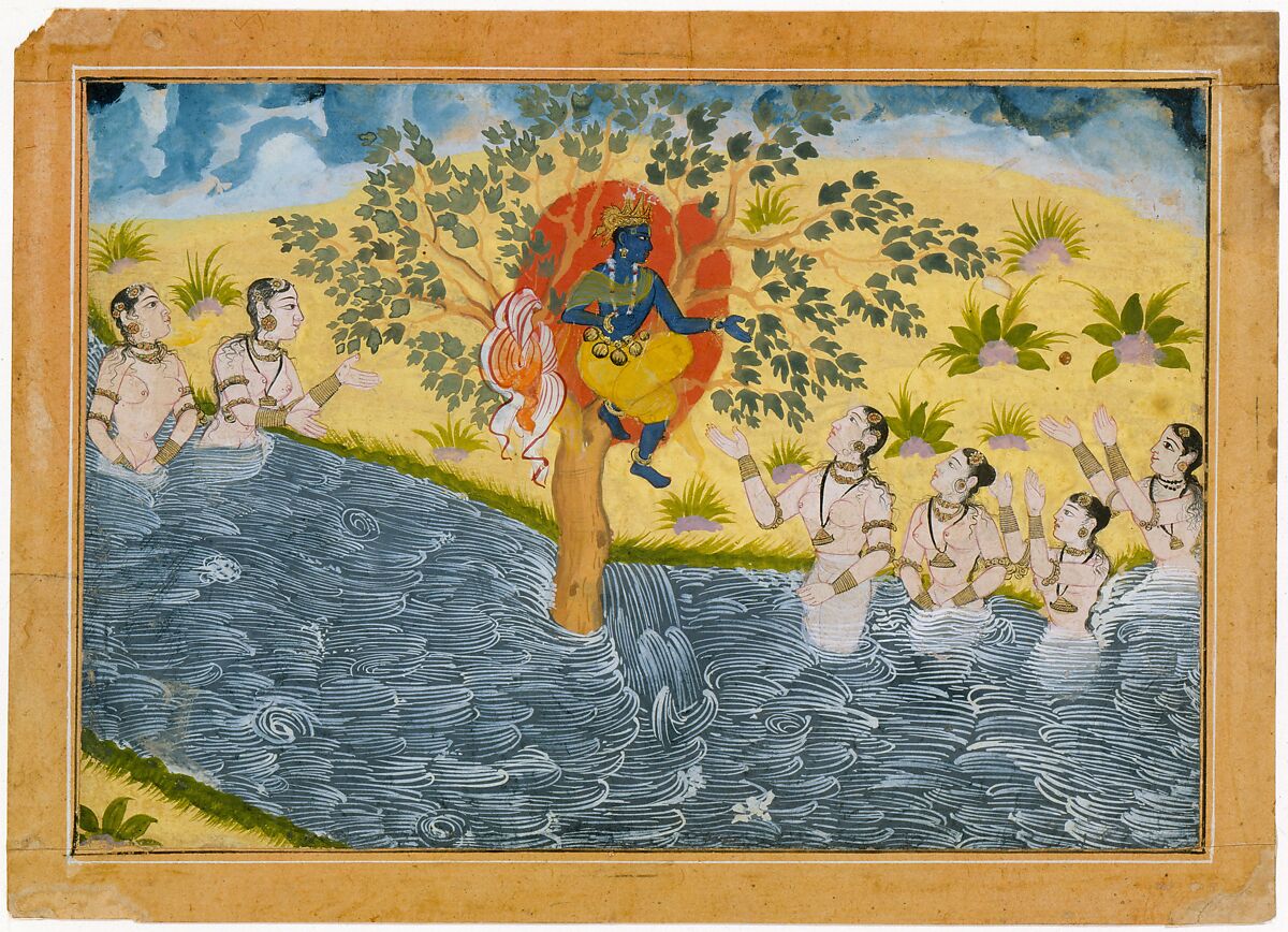 The Gopis Plead with Krishna to Return Their Clothing, Page from a Bhagavata Purana (Ancient Stories of Lord Vishnu) series, Ink, opaque watercolor, and gold on paper, India (Rajasthan, Bikaner) 