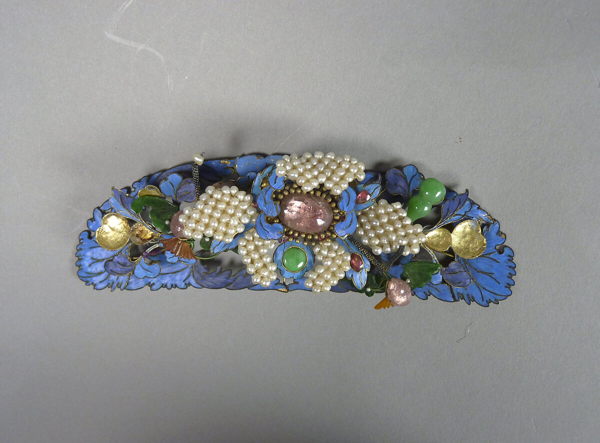 Ornaments for a Woman's Hat, Gold, gilded metal, kingfisher feathers, glass, and semiprecious stones, China