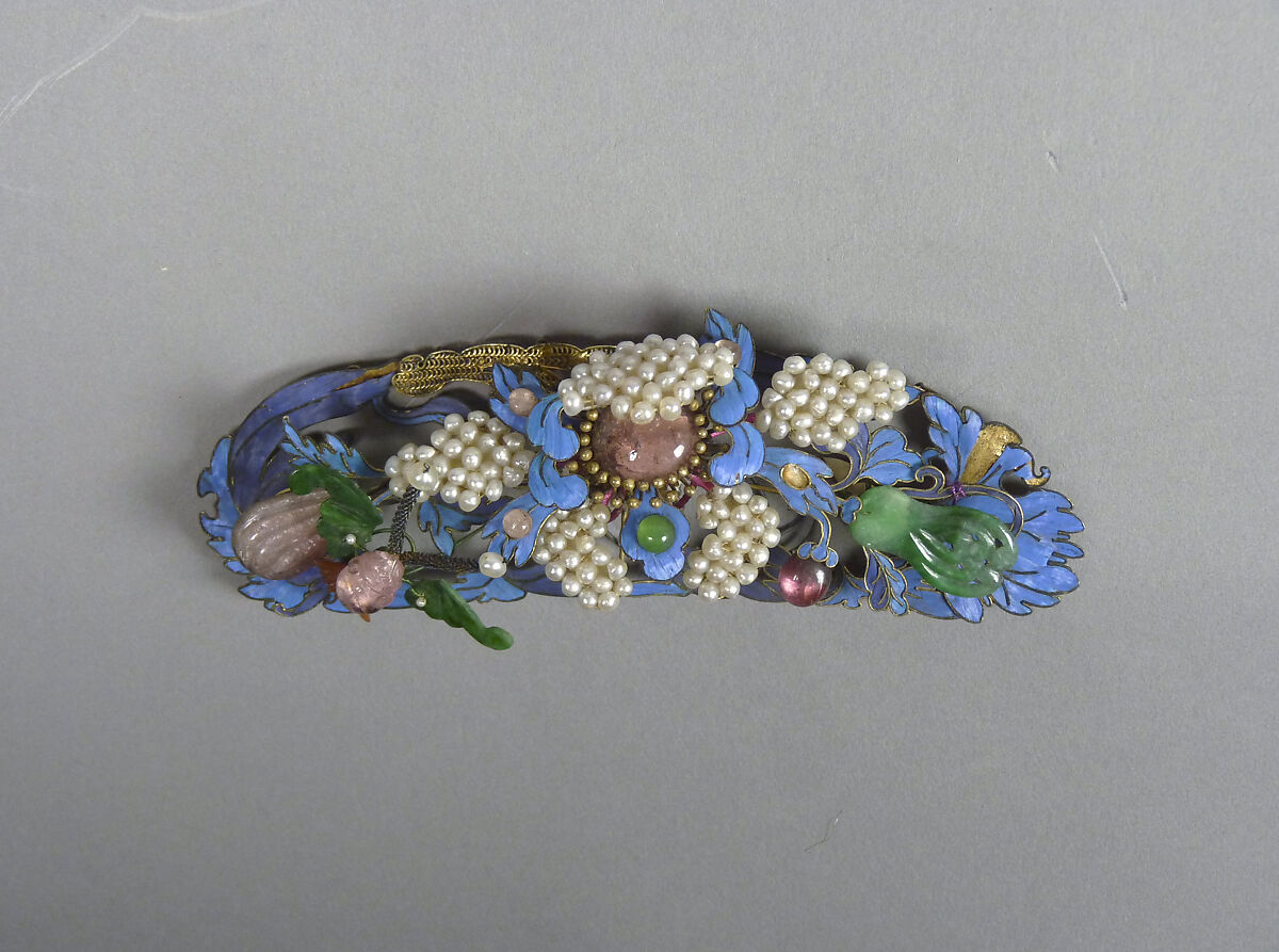 Ornaments for a Woman's Hat, Gold, gilded metal, kingfisher feathers, glass, and semiprecious stones, China