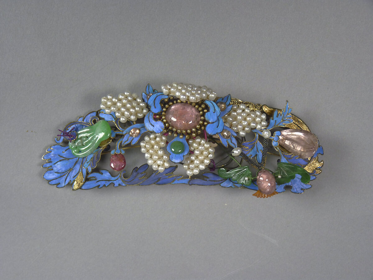 Ornaments for a Woman's Hat, Gold, gilded metal, kingfisher feathers, glass, and semiprecious stones, China