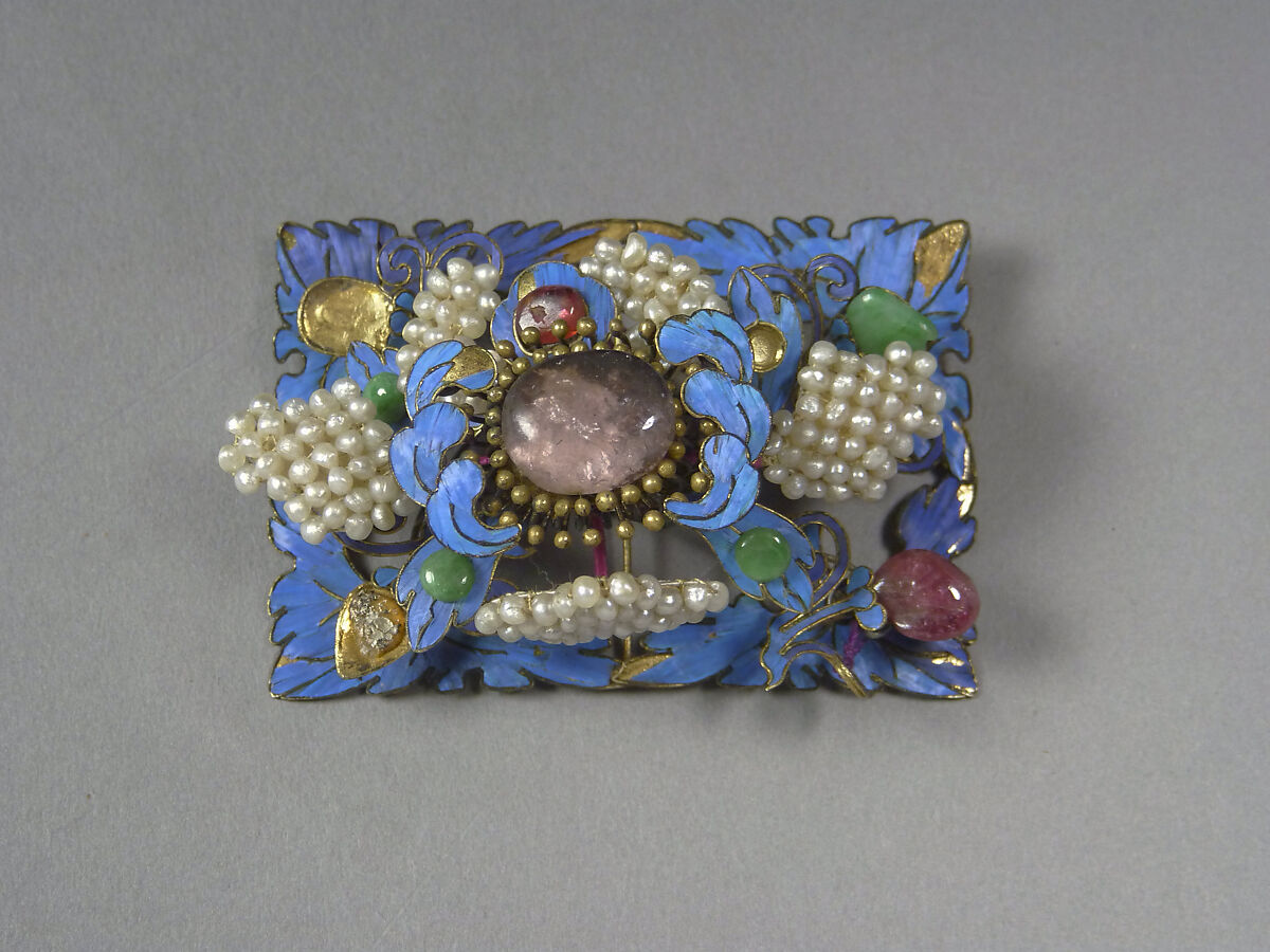 Ornaments for a Woman's Hat, Gold, gilded metal, kingfisher feathers, glass, and semiprecious stones, China