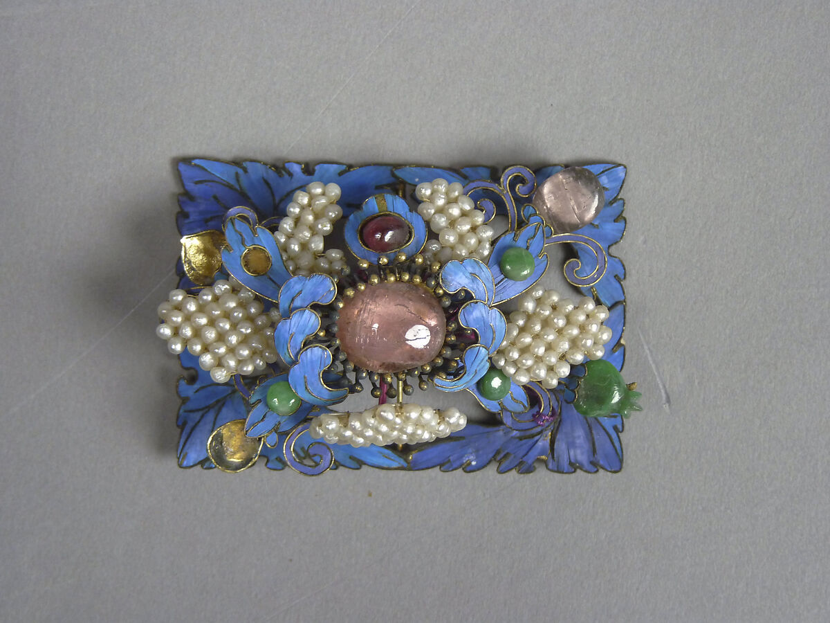 Ornaments for a Woman's Hat, Gold, gilded metal, kingfisher feathers, glass, and semiprecious stones, China