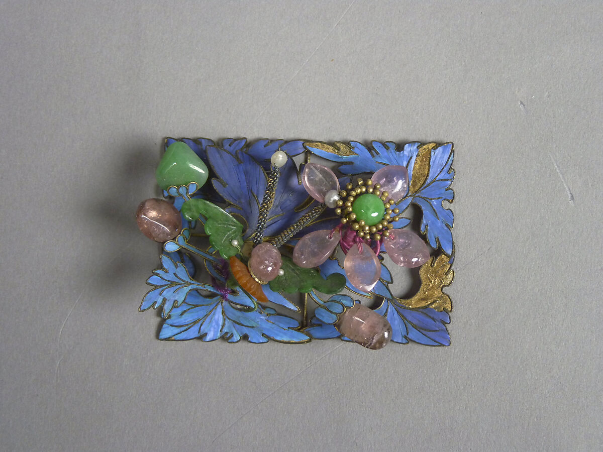 Ornaments for a Woman's Hat, Gold, gilded metal, kingfisher feathers, glass, and semiprecious stones, China