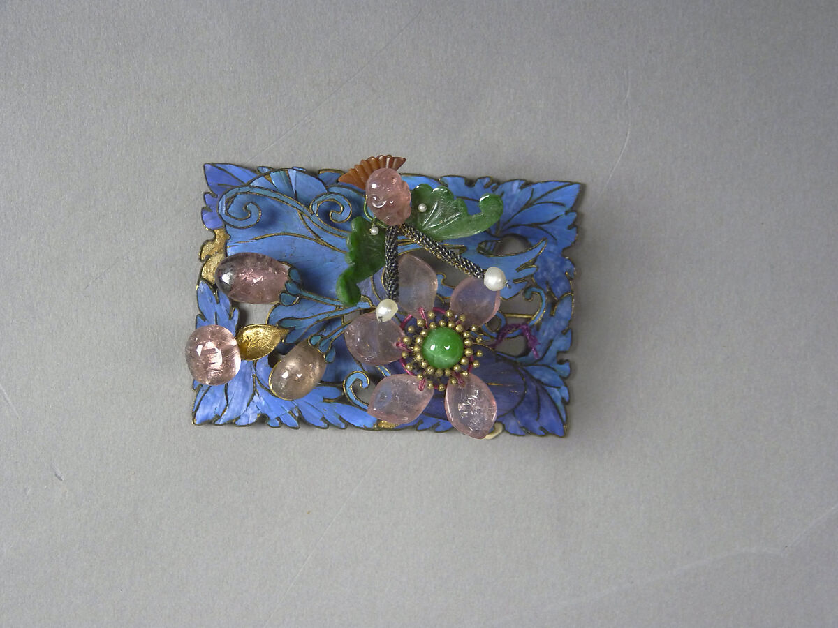 Ornaments for a Woman's Hat, Gold, gilded metal, kingfisher feathers, glass, and semiprecious stones, China