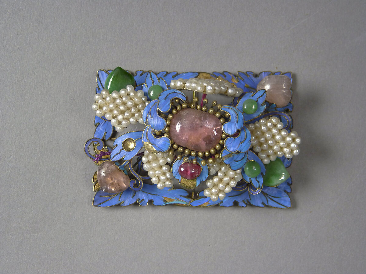 Ornaments for a Woman's Hat, Gold, gilded metal, kingfisher feathers, glass, and semiprecious stones, China