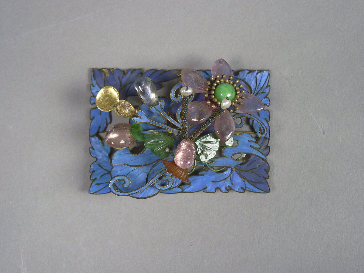 Ornaments for a Woman's Hat, Gold, gilded metal, kingfisher feathers, glass, and semiprecious stones, China