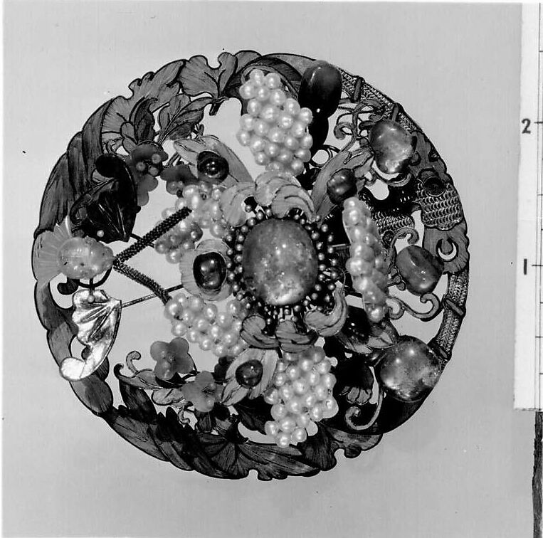 Ornaments for a Headdress, Gold, gilded metal, kingfisher feathers, glass, and semiprecious stones, China