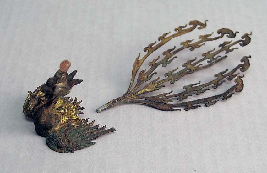 Phoenix Ornament, Gilt silver with rubies, China 