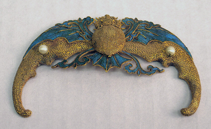 Fragment of Headdress, Gold, feathers, pearls, China 