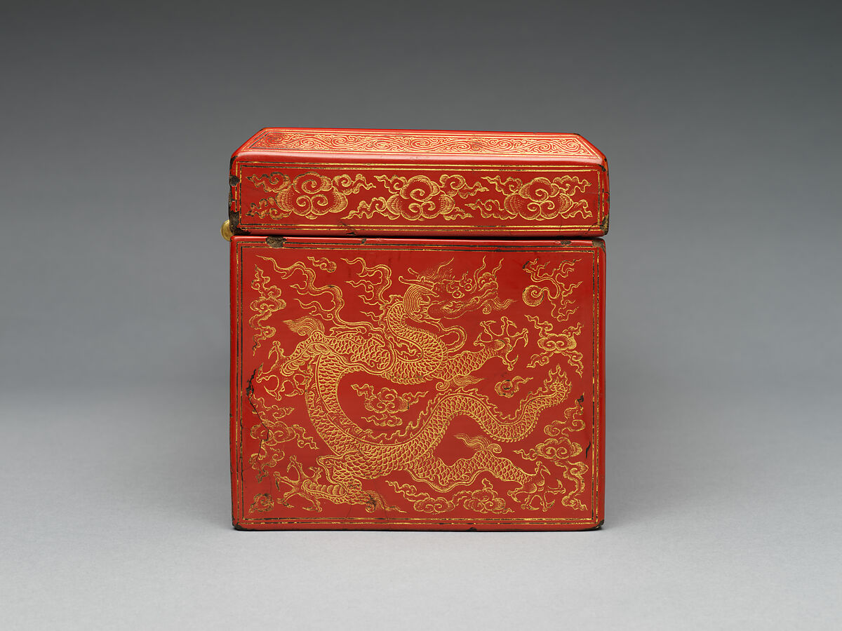 Sutra box with dragons amid clouds, Red lacquer, incised decoration, gold inlay, damascened brass lock and key, China