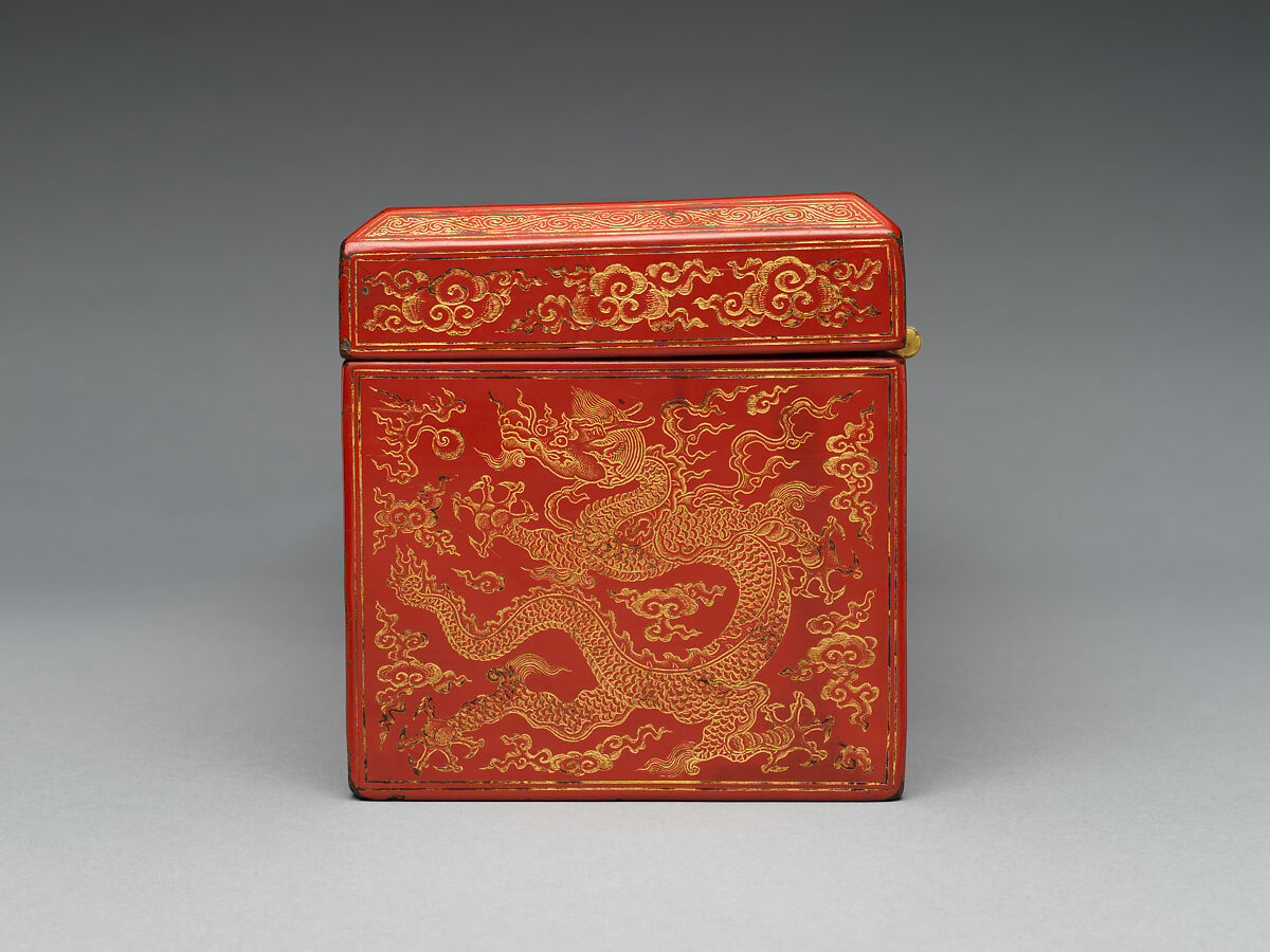 Sutra box with dragons amid clouds, Red lacquer, incised decoration, gold inlay, damascened brass lock and key, China