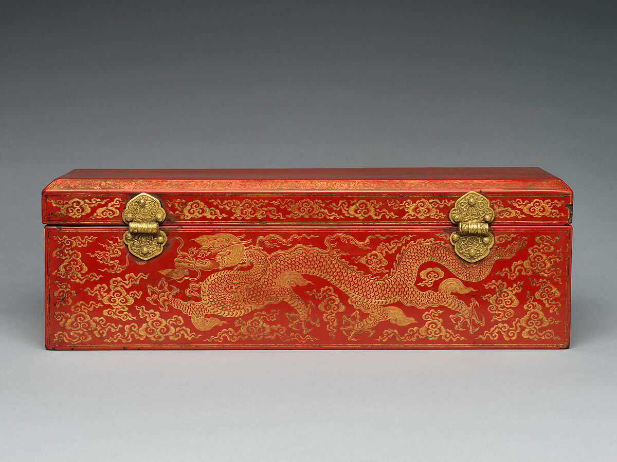 Sutra box with dragons amid clouds, Red lacquer, incised decoration, gold inlay, damascened brass lock and key, China