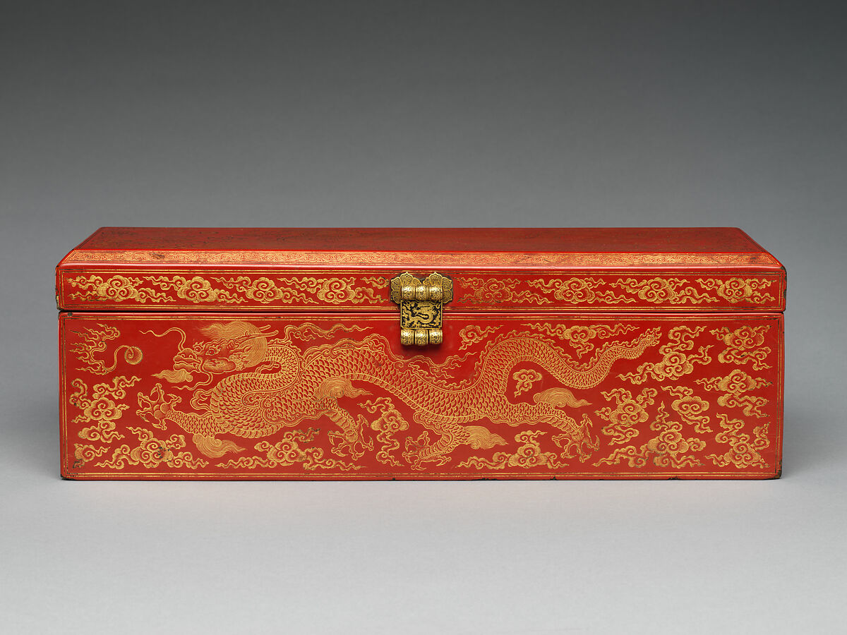 Sutra box with dragons amid clouds, Red lacquer, incised decoration, gold inlay, damascened brass lock and key, China