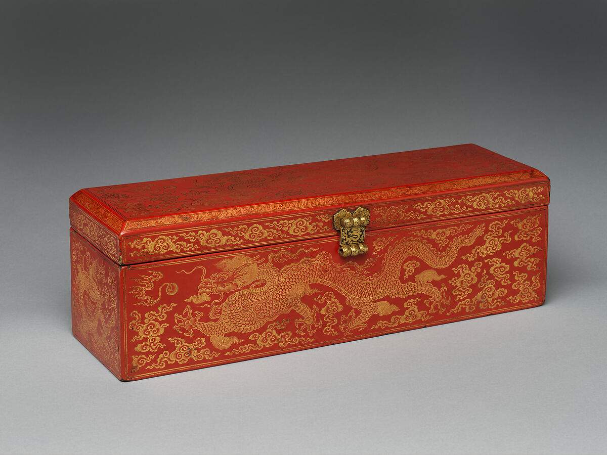 Sutra box with dragons amid clouds, Red lacquer with incised decoration inlaid with gold; damascened brass lock and key, China 