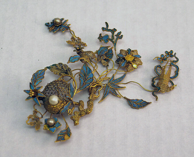 Fragment of Headdress, Gold, feathers, pearls, China 