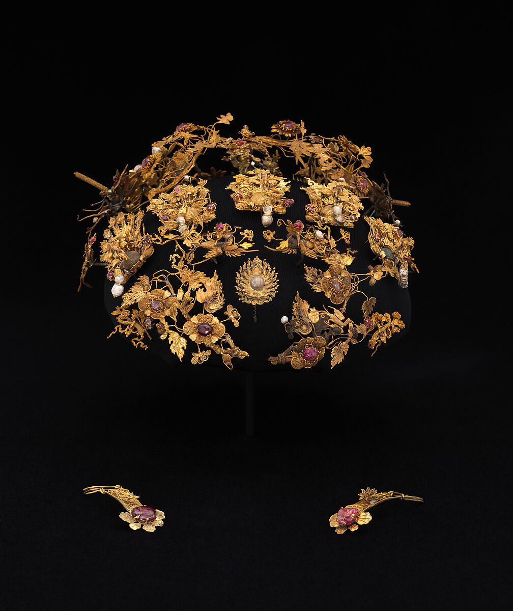 Head ornament, Gold, rubies, pearls, cat's-eyes, iron, China