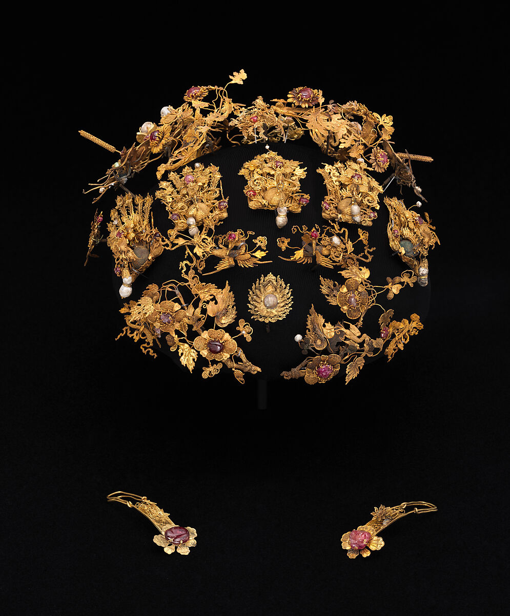 Head ornament, Gold, rubies, pearls, cat's-eyes, iron, China