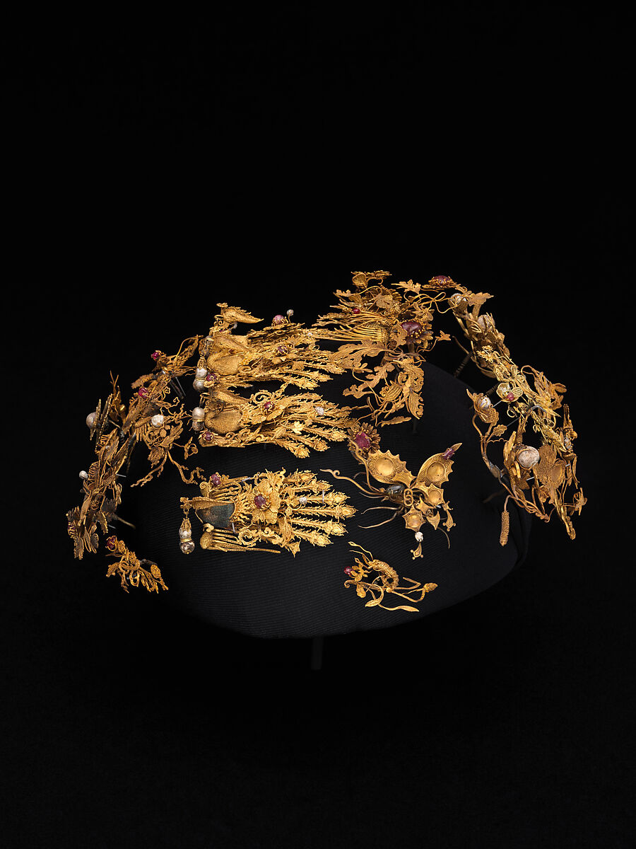 Head ornament, Gold, rubies, pearls, cat's-eyes, iron, China