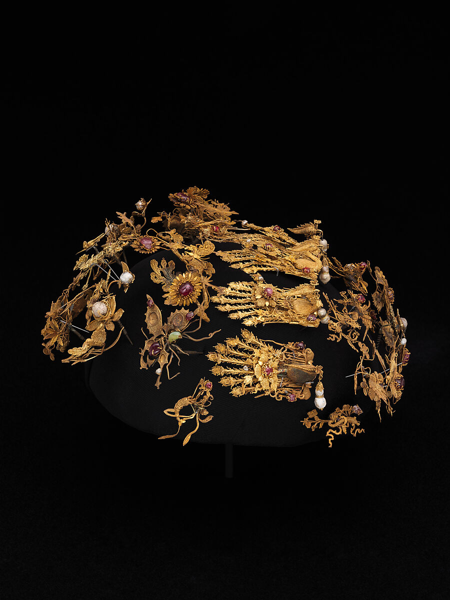 Head ornament, Gold, rubies, pearls, cat's-eyes, iron, China