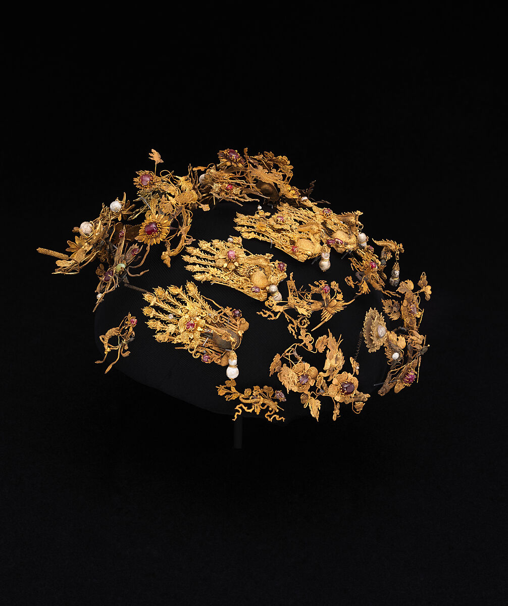 Head ornament, Gold, rubies, pearls, cat's-eyes, iron, China
