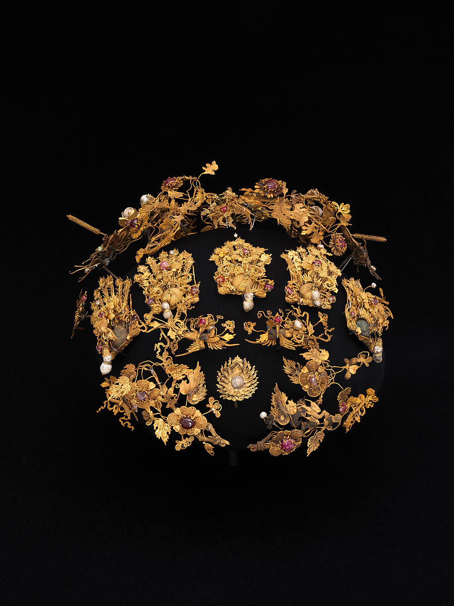 Head ornament, Gold, rubies, pearls, cat's-eyes, iron, China